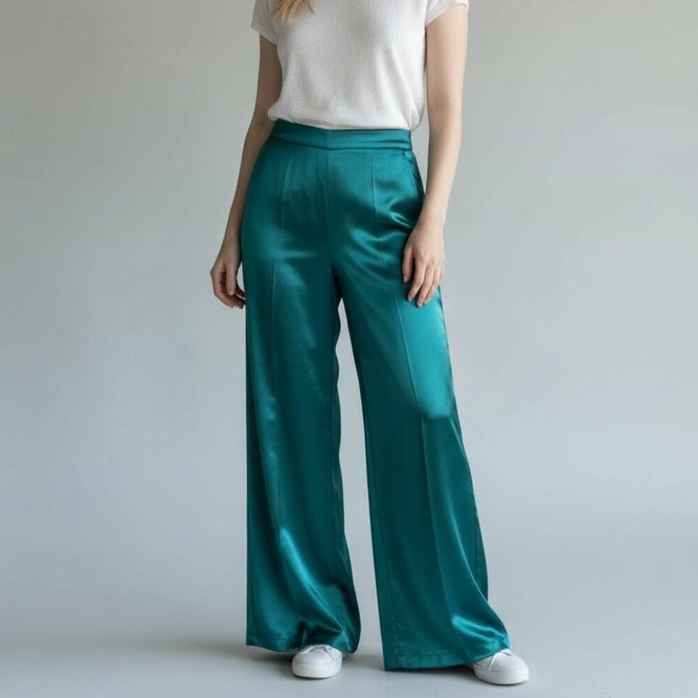 Metro Style Womens 16 Green Satin Wide Leg Pants High Rise Velvet Waistband